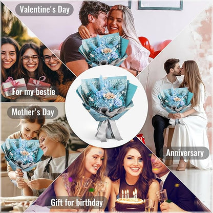 Large Preserved Roses Bouquet - Eternal Flowers for Delivery Prime,1-3 Years Long Lasting Real Roses Gift for Women,Mom Wife - Elegant Home Decor for Mother's Day,Anniversary,Valentine's Day(Bule)