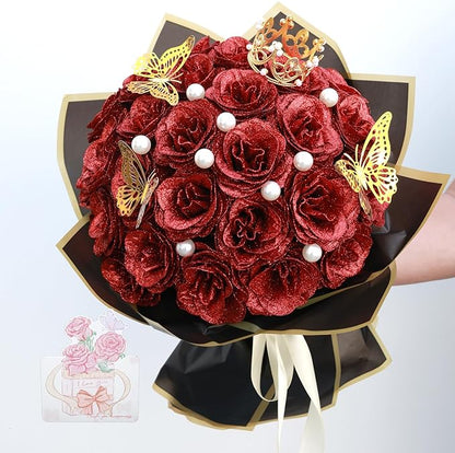 Glitter Roses Bouquet, Shiny Artificial Roses Flowers with Stems DIY Fake Glitter Flowers Bouquet for Anniversary Graduation Birthday Wedding, 24 Roses (Red)