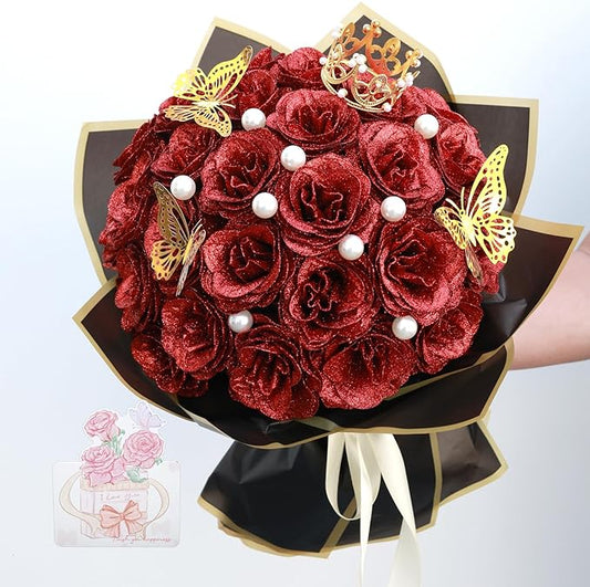 Glitter Roses Bouquet, Shiny Artificial Roses Flowers with Stems DIY Fake Glitter Flowers Bouquet for Anniversary Graduation Birthday Wedding, 24 Roses (Red)