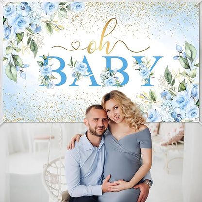 Mocsicka Oh Baby Backdrop Blue Floral Baby Shower Banner for Boys Party Decorations Photo Booth Props (Blue, 6x3.6ft)