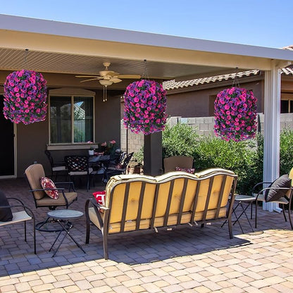 Artificial Fake Fall Hanging Plants Flowers for Outdoor 2 PCS Faux Silk Morning Glory Vines Stems UV Resistant for Wall Home Porch Patio Party Wedding Decor (Dark Purple and Fuchsia)