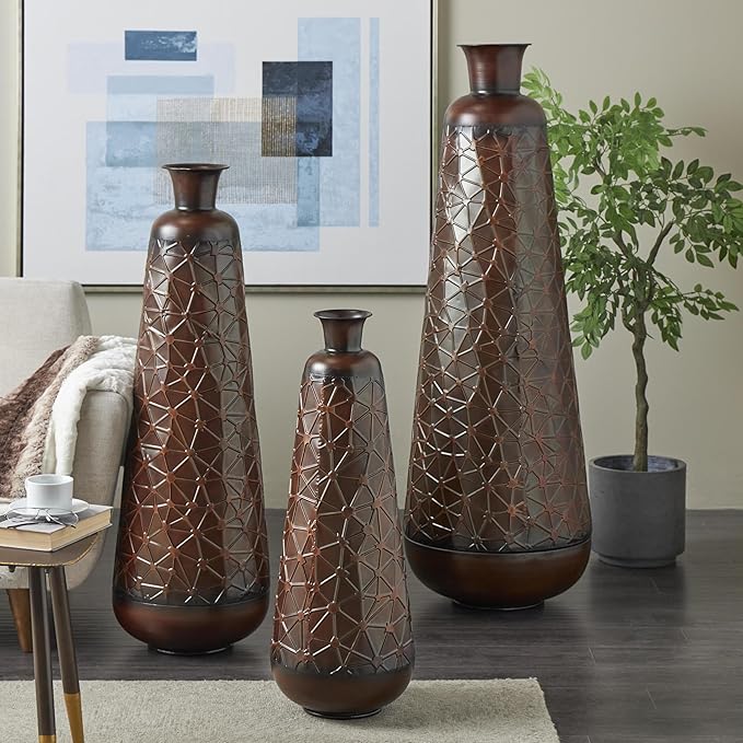 Deco 79 Metal Decorative Vase Tall Teardrop Shaped Centerpiece Vases with Hammered Texture, Set of 3 Vases for Home Decoration 53", 43", 32" H, Dark Brown