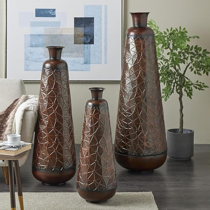 Deco 79 Metal Decorative Vase Tall Teardrop Shaped Centerpiece Vases with Hammered Texture, Set of 3 Vases for Home Decoration 53", 43", 32" H, Dark Brown