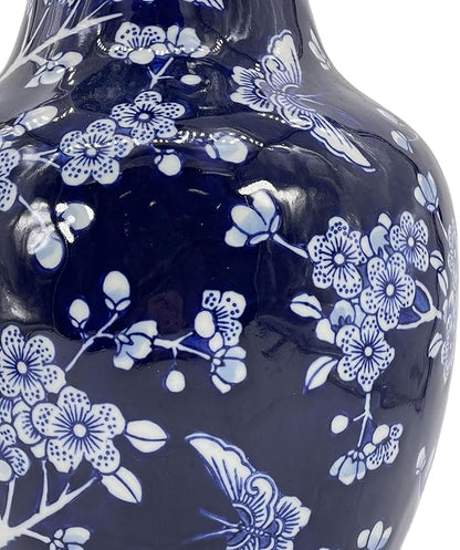 Galt International 14” Hand Painted Chinoiserie Ceramic Vase – Antique Style Porcelain Flower Bottle by Galt International, Fishtail Chinese Vase for Home Decor & Centerpiece - Dark Blue Floral