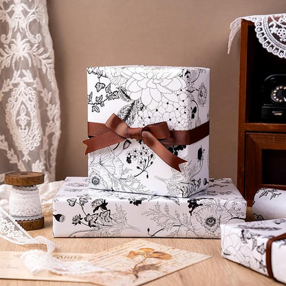 WRAPAHOLIC Floral Wrapping Paper - Mini Roll - 17 Inch X 33 Feet - Pearlized White Vintage Floral Wedding Wrapping Paper for Birthday, Bridal Shower, Baby Shower