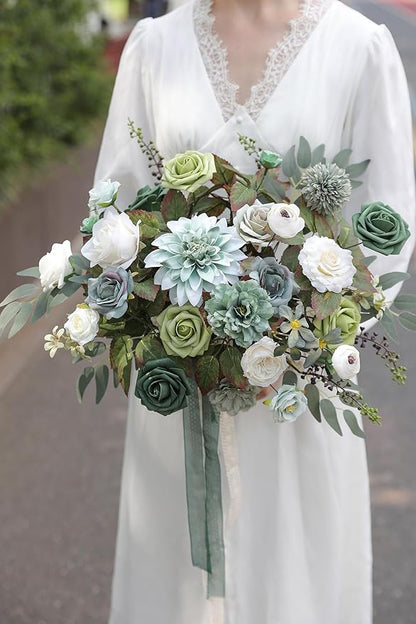 YYHUAWU Artificial Flowers Combo Set Fake Flower Leaf Box with Stems for DIY Wedding Bouquets Centerpieces Arrangements Baby Shower Party Home Decorations (Tiffany Blue & Forest Green)