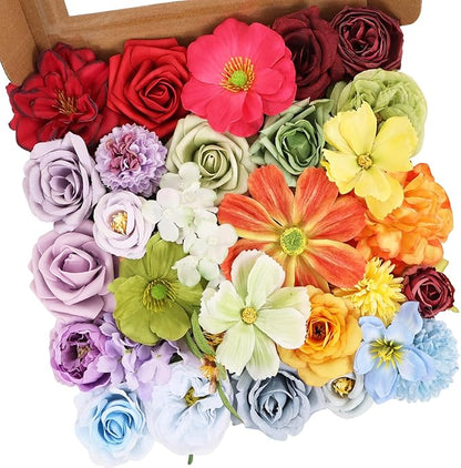 Artificial Flowers Combo Box Set Rainbow Colorful Fake Floral Arrangements Artificial Flower Bouquets Party Bridal Baby Shower Centerpieces Home Decor