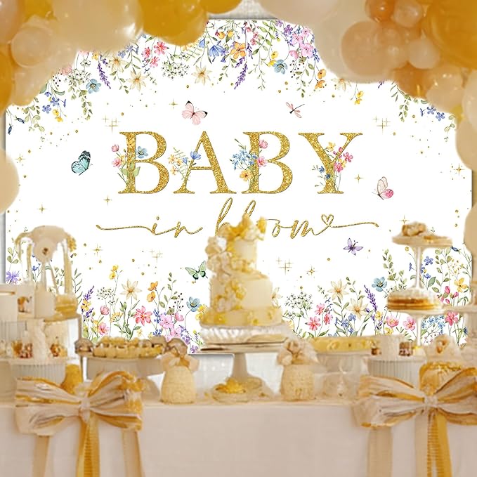 Avezano Baby in Bloom Backdrop Wildflower Baby Shower Party Decorations Watercolor Floral Baby in Bloom Banner Gold Glitter Butterfly Photography Background Cake Table Banner (7x5ft)