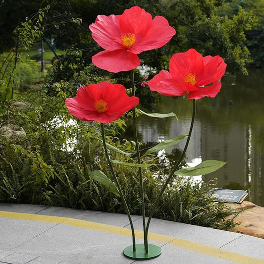 Large Paper Artificial Flowers,Giant Flowers for Decoration,Huge Handcrafted Poppy Fake Flowers with Stand for Home Decor Bridal Shower Party Outdoors Yard Event Backdrop Decor (red)