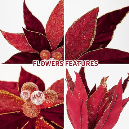 Hollyone 3PCS Poinsettia Christmas Flowers Artificial 11" Large Velvet Red Glitter Poinsettia Flowers Christmas Tree Ornaments Floral Picks for Tree Wreath Garland Vase Table Centerpiece Home Decor