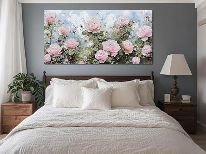 Ardemy Flower Wall Art Canvas Art Wall Decor, Floral Painting Textured Picture Living Room, Pink Rose Artwork Framed for Bedroom Kitchen Dining Room Home Office Decor Extra Large 58"x29"