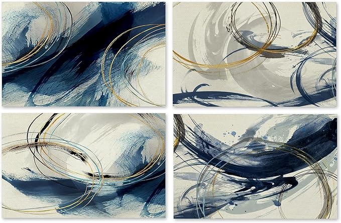 Abstract Navy Blue and White Placemats Set of 4, Modern Contemporary Placemats Table Mats Place Mats for Kitchen Dining Table Winter Holiday Party Decoration 16.9x11.4 Inch