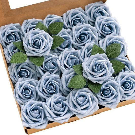 Ling's moment Artificial Flowers 25Pcs Provence Roses Decor w/Stems,3" Real Touch DIY Foam Floral for Wedding Bouquet/Centerpieces, Outdoors Party Backdrop, Room/Table, and Garden/Pot Decorations