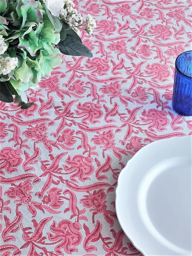 ATOSII Red Bloom 100% Cotton Tablecloth, Handblock Print Rectangle Table Cover for Kitchen Dining I Tabletop Linen I Parties, Wedding, Spring Summer Table Cloth 60 X 108 Inches