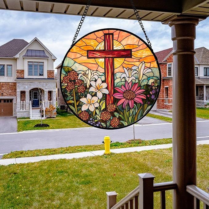 Christian Gifts for Women - Cross Stained Glass Window Hanging Easter Flower Sunset Landscape Sun Catcher Garden Religion Decor Mother's Day Catholic Gift for Men Grandma Mom Her Nana 15"