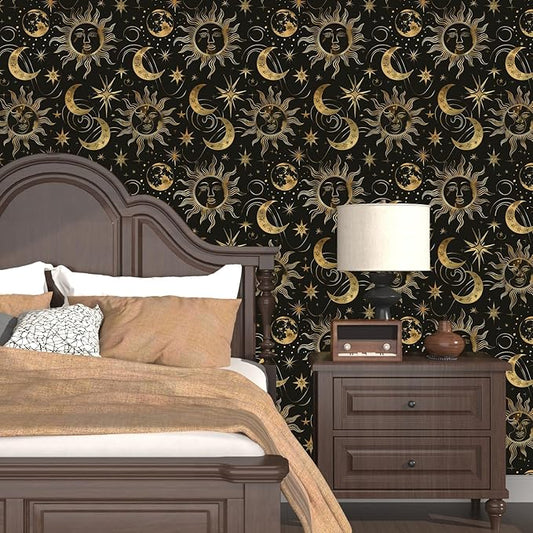 Black Peel and Stick Removable Vintage Wallpaper Gold Celestial Sun Moon Star Contact Paper 17.5" x 118" Dark Boho Mural Waterproof for Wall Bedroom Kitchen Bathroom Cabinet Room Decor