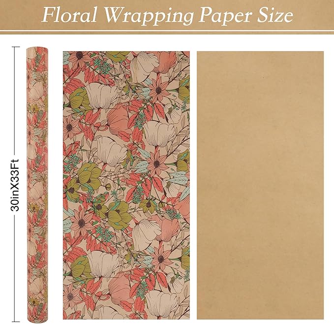 Aimyoo Kraft Floral Wrapping Paper Roll - Jumbo Roll - 30 Inch x 33 Feet - All Occasion Vintage Flower Gift Wrap Paper for Mother's Day Wedding Birthday Bridal Shower