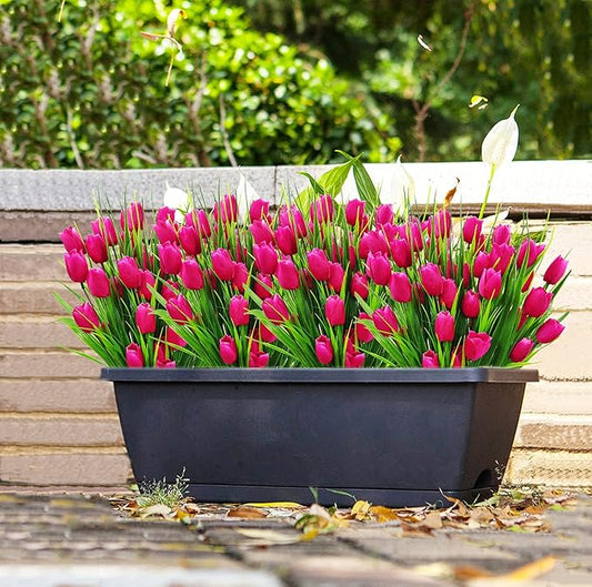8 Bundles Outdoor Artificial Tulips Fake Flowers UV Resistant Faux Plastic Greenery Shrubs Plants for Home Outside Garden Porch Window Farmhouse Decor (Rose Red)