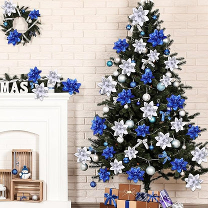 Geosar 24 Christmas Glitter Artificial Poinsettia Flowers Xmas Poinsettia Wedding Flowers Decorations Xmas Tree Ornaments with Clips for Party Favors, 6 Inch, 4 Inch, 3 Inch (Blue and Sliver)