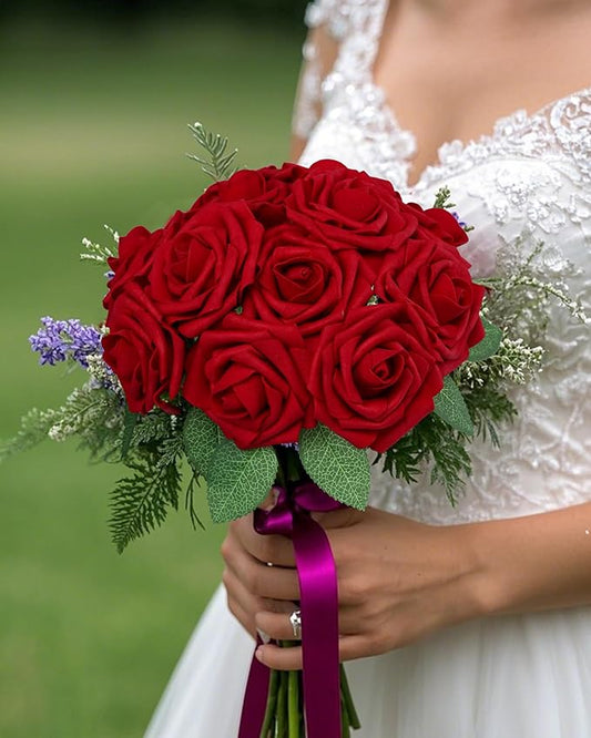 DuHouse 50Pcs Artificial Roses Flowers Fake Roses with Stems Real Touch Foam Flowers for DIY Wedding Bouquet Baby Shower Centerpiece Floral Arrangement Party Home Decor(Dark Red)