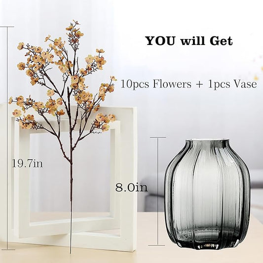 Babys Breath Silk Artificial Flowers Bulk With Vase 10pcs for Fall Decor Fake flower bouquet Bulk for Home Kitchen Indoor Bouquet Floral Arrangement Table Centerpieces Party Decor(Khaki With Vase)