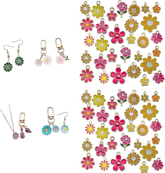 60pcs15 Types Flower Charms For Jewelry Making Enamel Flower Charms For Necklace Bracelet Earring for Gift that Office, Travel & DIY Creators