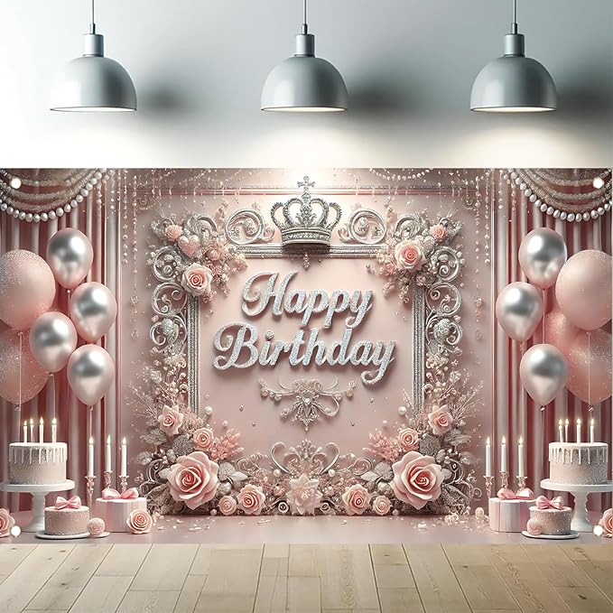 Starlit Patio Elegant Pink Happy Birthday Banner Backdrop Princess Girls Party Decorations Photography Backgrounds Crown Roses Balloons Cake Table Photo Booth Props 71 x 43 inch