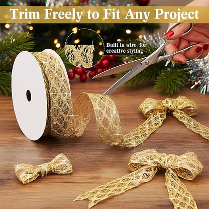 Geosar 20 Yards Gold Glitter Mesh Wired Ribbon for Christmas Tree Decorations, Gift Wrapping, DIY Craft, Xmas Wreaths, Cabinet Decor (1.5 Inch)