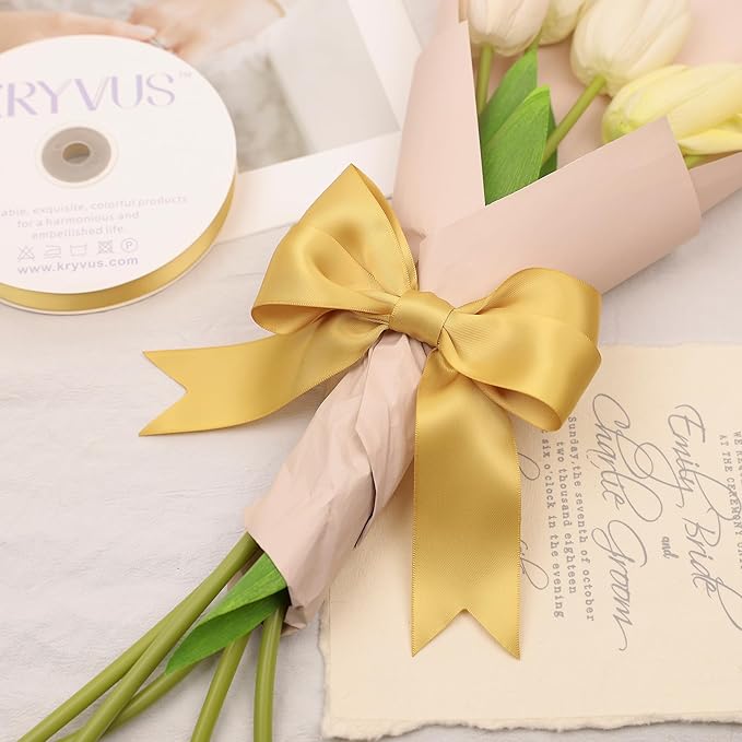 Light Gold Satin Ribbon, Double Faced 1-1/2 Inch X 25 Yards Light Gold Ribbon, Premium Satin Ribbons for Gift Wrapping, Crafts, Hair Bow Making, Sewing, Flower Bouquet, Wedding Party Decor