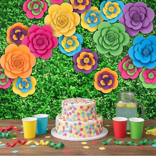 Frienda 36 Pcs DIY Paper Flower Decor Set with 83x59 Inch Custom Background Cloth and Rope, Artificial 3D Flower Wall Decor for Wall Bulletin Board Wedding Halloween Mexican Festive Party(Grass)