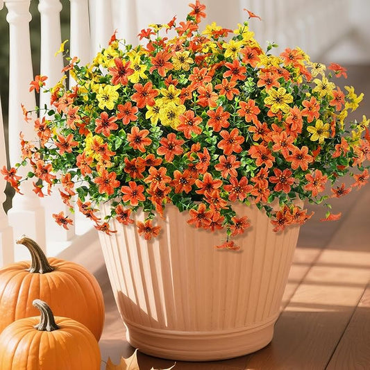 Artificial Mums Fake Fall Flowers for Outdoors Decoration, 12 Bundles Realistic Autumn Silk Daisy Faux Plants UV Resistant Decor for Home Garden Porch Patio Yard Balcony Window (Orange Yellow)