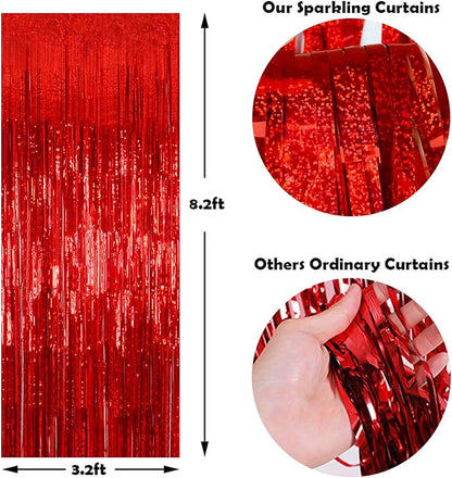 Foil Fringe Curtains Christmas Decorations Red Streamers Party Decorations - Melsan 3 Pack 3.2 x 8.2 ft red Fringe Backdrop Party Photo Backdrop for Back to School Birthday Party Baby Shower