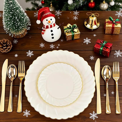 YOUBET 125PCS Scalloped Plastic Plates - Ivory Scalloped Disposable Plates - Gold Plastic Dinnerware Set Include 50 Plates, 75 Gold Silverware for Party & Wedding & Christmas