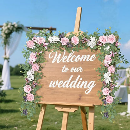 2Pcs 5.9 Ft Artificial Rose Vine Fake Flower Garland Pink Rose Hydrangea Vines with 3D Butterflies Hanging Floral Eucalyptus Garland for Wedding Party Background Arch Table Wall Home Decor