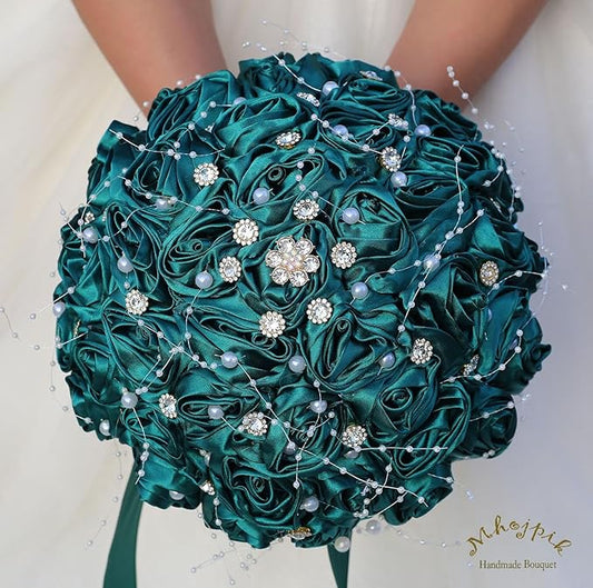 Bridal Wedding Bouquet Round Bling Brooch Bouquet Throw Toss Artificial Rose Flower Bunch for Bride Bridesmaid Wedding Quinceanera(Dark Green, 7.5")