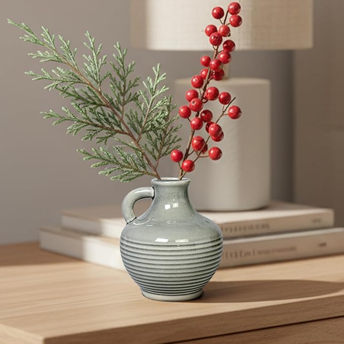 Sunddo Gray Ceramic Flower Vase， 6 Inch Small Modern Boho Vase for Home Decor, Decorative Vases with Handle, Neutral Accent for Minimalist, Table, Living Room, Bathroom, Shelf, Mantel Decor