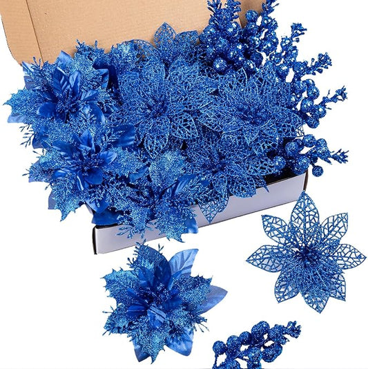 24Pcs Christmas Poinsettia Artificial Flowers and Glitter Berries Kit, 2 Styles Total 16Pcs Christmas Tree Flowers Ornaments, 8Pcs Christmas Tree Picks for Wedding Holiday Decorations, Baby Blue