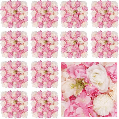 3D Flower Wall Backdrop - 12Pcs Artificial Flower Wall Panel 15 * 15inch Decoration Pink and White Roses Wall for Home Party Wedding Anniversary Birthday
