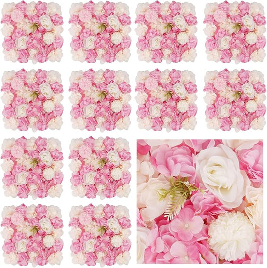 3D Flower Wall Backdrop - 12Pcs Artificial Flower Wall Panel 15 * 15inch Decoration Pink and White Roses Wall for Home Party Wedding Anniversary Birthday
