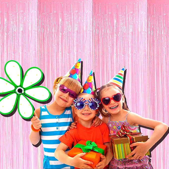 4 Pack Macaron Pink Tinsel Foil Fringe Curtain Backdrop, 3.28Ft x 8.2Ft Metallic Streamers for Photo Booth Props Wedding Bridal Shower Bachelorette Birthday Halloween Christmas Party Decoration