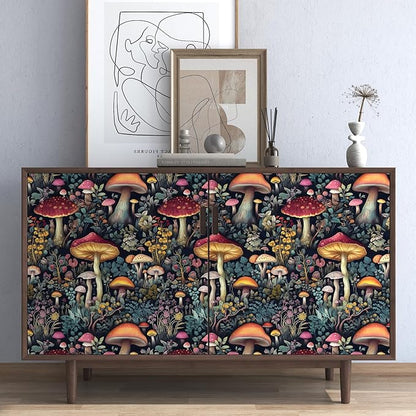 Mushroom Wallpaper Peel and Stick Floral Contact Paper Vintage Wall Paper for Chest of Drawers TV Stand Bookcase Removable Waterproof Dark Black 17.5 x 78.5In