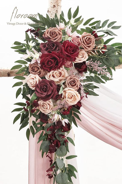 Floroom Arch Flowers with Drapes Kit (Pack of 4) - 2pcs Artificial Marsala & Champagne Floral Swag Arrangement with 2pcs Draping Fabric for Wedding Ceremony Arbor and Reception Backdrop Decoration