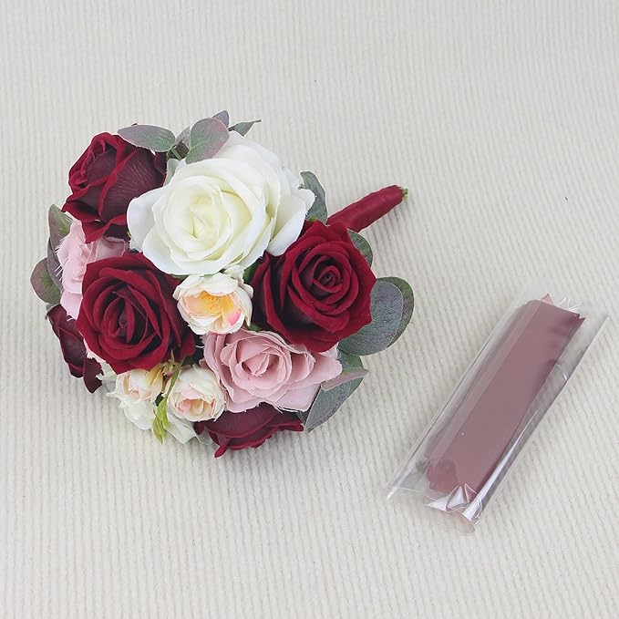 Rinlong 7" Wedding Bouquet for Bride Bridal Bridesmaid Vintage Artificial Flowers Burgundy Silk Bouquet Wedding