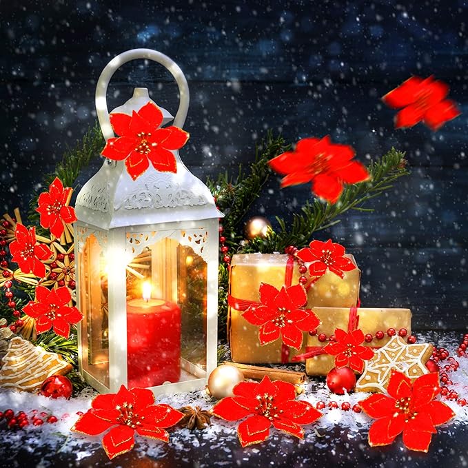 WILLBOND 24 Pcs 3 Size Poinsettia Flower Artificial Christmas Decor Glitter Poinsettia Christmas Ornaments Faux Flowers for Xmas Tree Outdoor(3.2/4/6 Inches,Red)