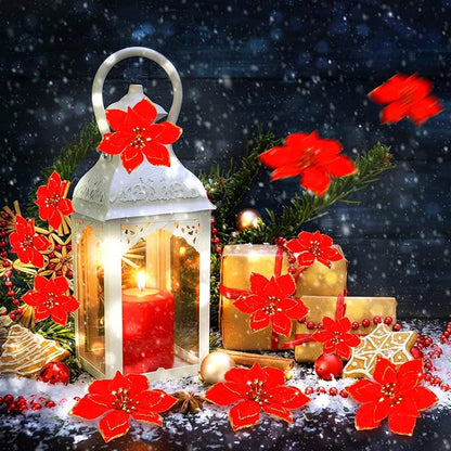 WILLBOND 24 Pcs 3 Size Poinsettia Flower Artificial Christmas Decor Glitter Poinsettia Christmas Ornaments Faux Flowers for Xmas Tree Outdoor(3.2/4/6 Inches,Red)