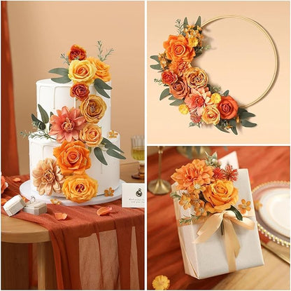 Artificial Flowers Combo Box Orange Fake Roses Silk Flowers with Stems Dahlia for DIY Cake Wedding Bridal Bouquets,Floral Arrangement,Table Centerpieces,Baby Shower,Home Party Decorations
