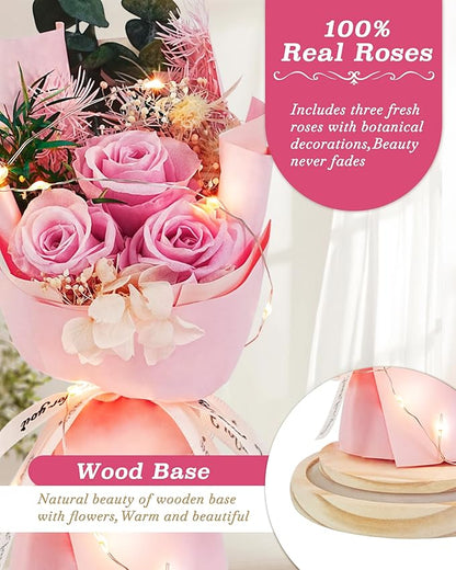 HVY Preserved Flowers Gifts for Her,Preserved Rose Bouquet in Glass Dome,Forever Flowers Fresh Bouquet Present for Women Mothers Day Birthday Gifts for Mom Wife Grandma,Pink Real Rose