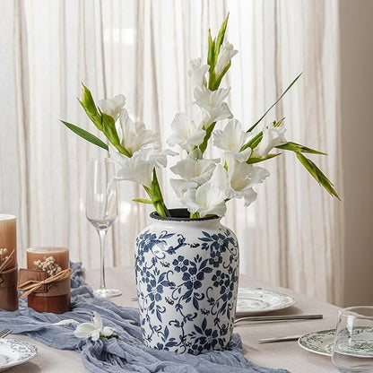Blue and White Vintage Vase, Ceramic Chinoiserie Floral Vases, Retro Ice Cracked Round Farmhouse Rustic Large Flower Vases for Home Decor Centerpieces, Living Room, Bookshelf, Office 7.8 Inch
