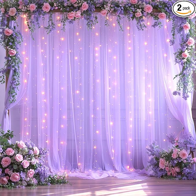 Lavender Tulle Photo Backdrop Curtain with Lights String for Parties Wedding Bridal Shower Sheer Lavender Curtain Backdrop for Birthday Baby Shower Photo Booth Photography 10ft x 8ft