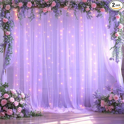 10ft x 10ft Lavender Tulle Photo Backdrop Curtain with Lights String for Parties Wedding Bridal Shower Sheer Lavender Curtain Backdrop for Birthday Baby Shower Photo Booth Photography